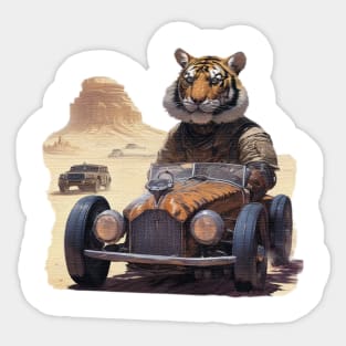 a Tiger racing a car across the desert Sticker